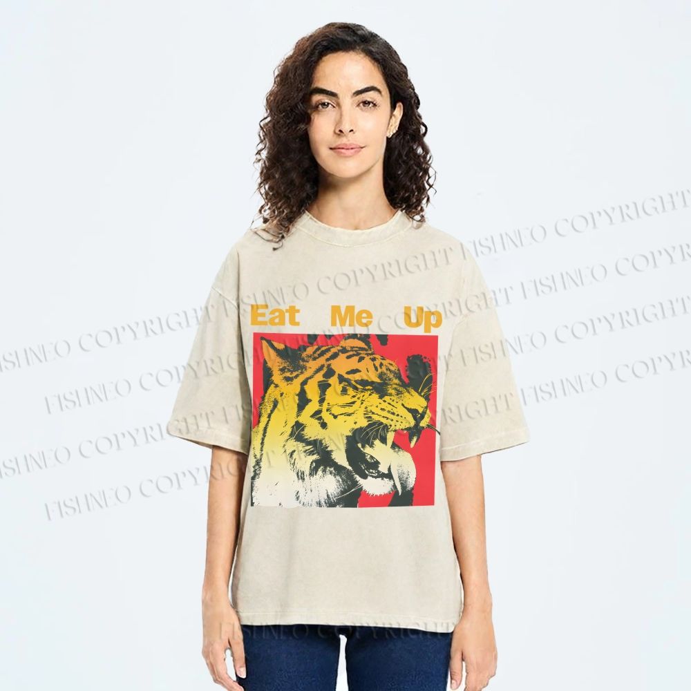 Unisex Eat Me Up Silly Tiger Printed Washed Tee