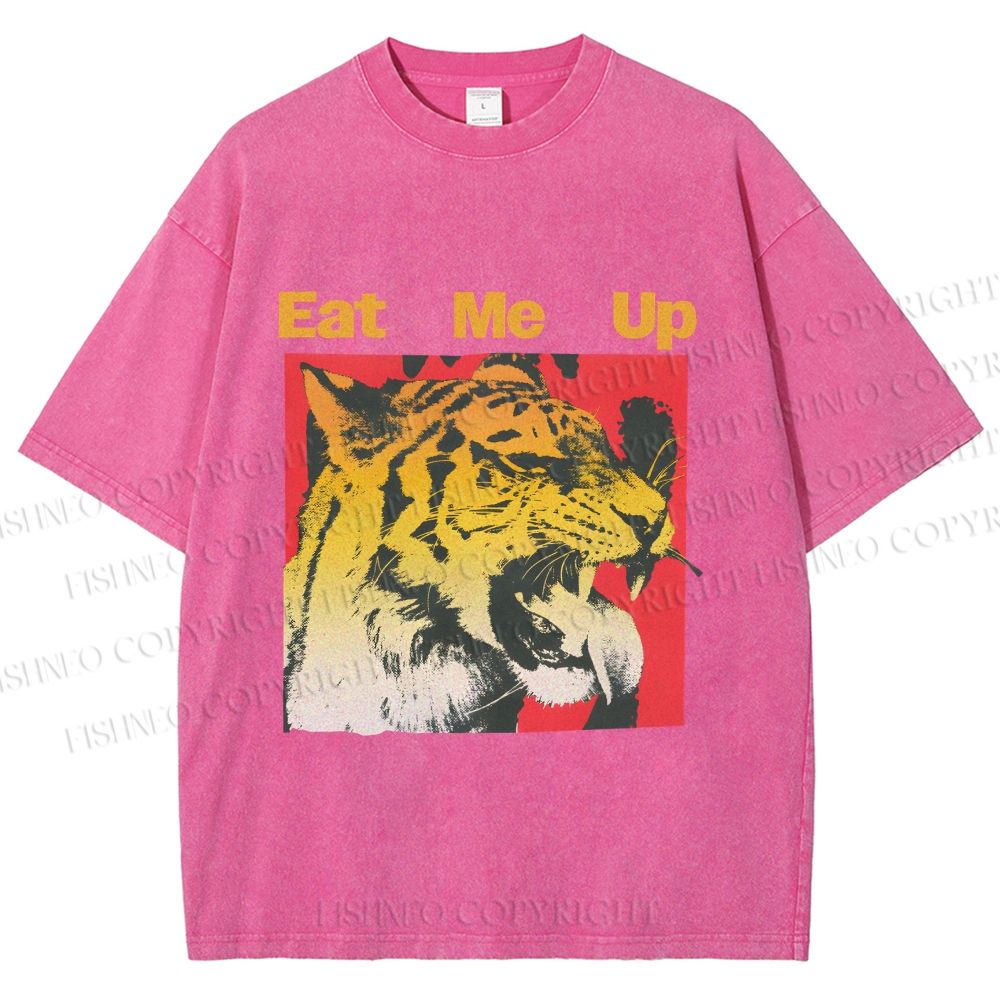 Unisex Eat Me Up Silly Tiger Printed Washed Tee