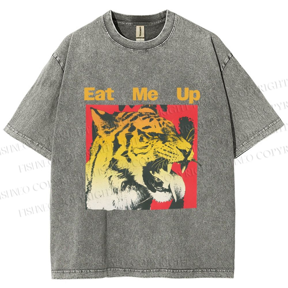 Unisex Eat Me Up Silly Tiger Printed Washed Tee
