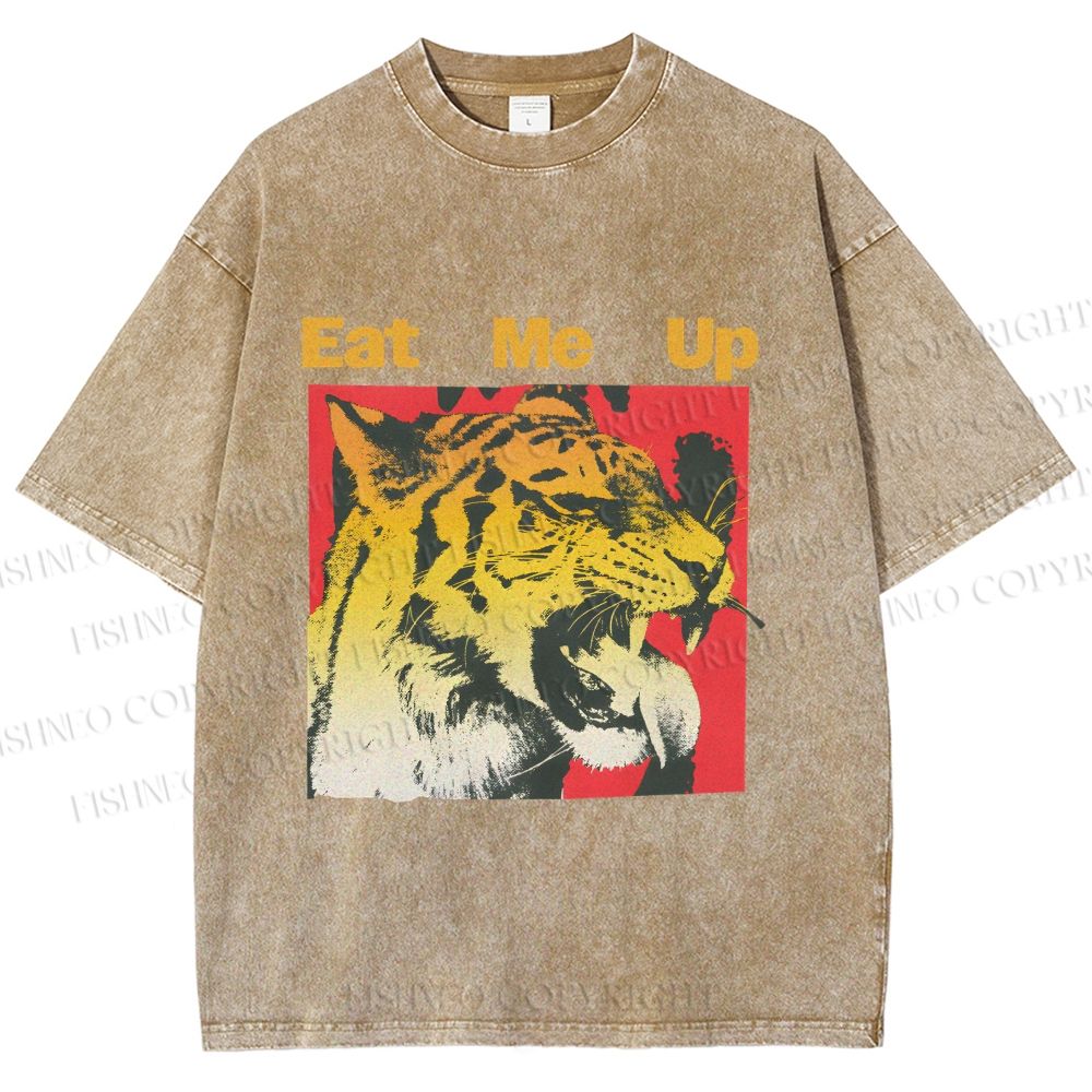Unisex Eat Me Up Silly Tiger Printed Washed Tee