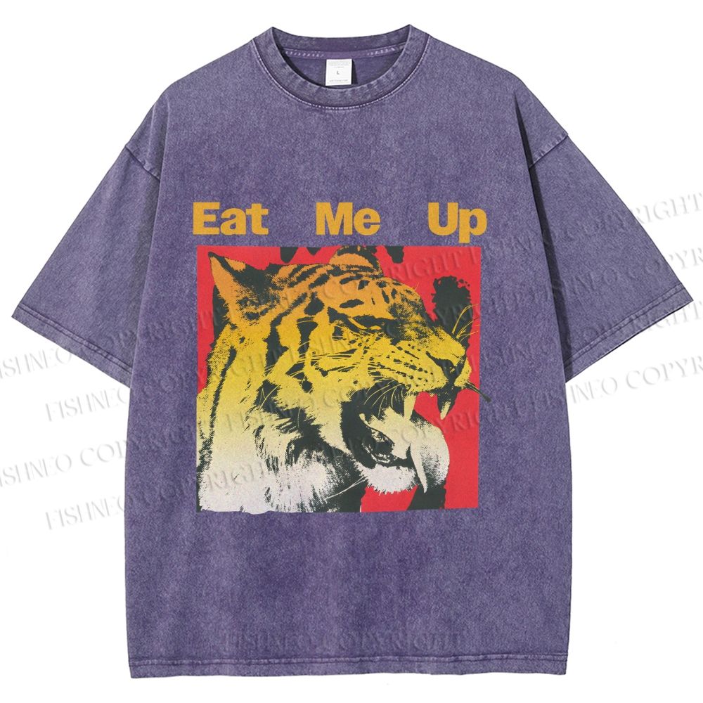 Unisex Eat Me Up Silly Tiger Printed Washed Tee
