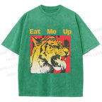 Unisex Eat Me Up Silly Tiger Printed Washed Tee