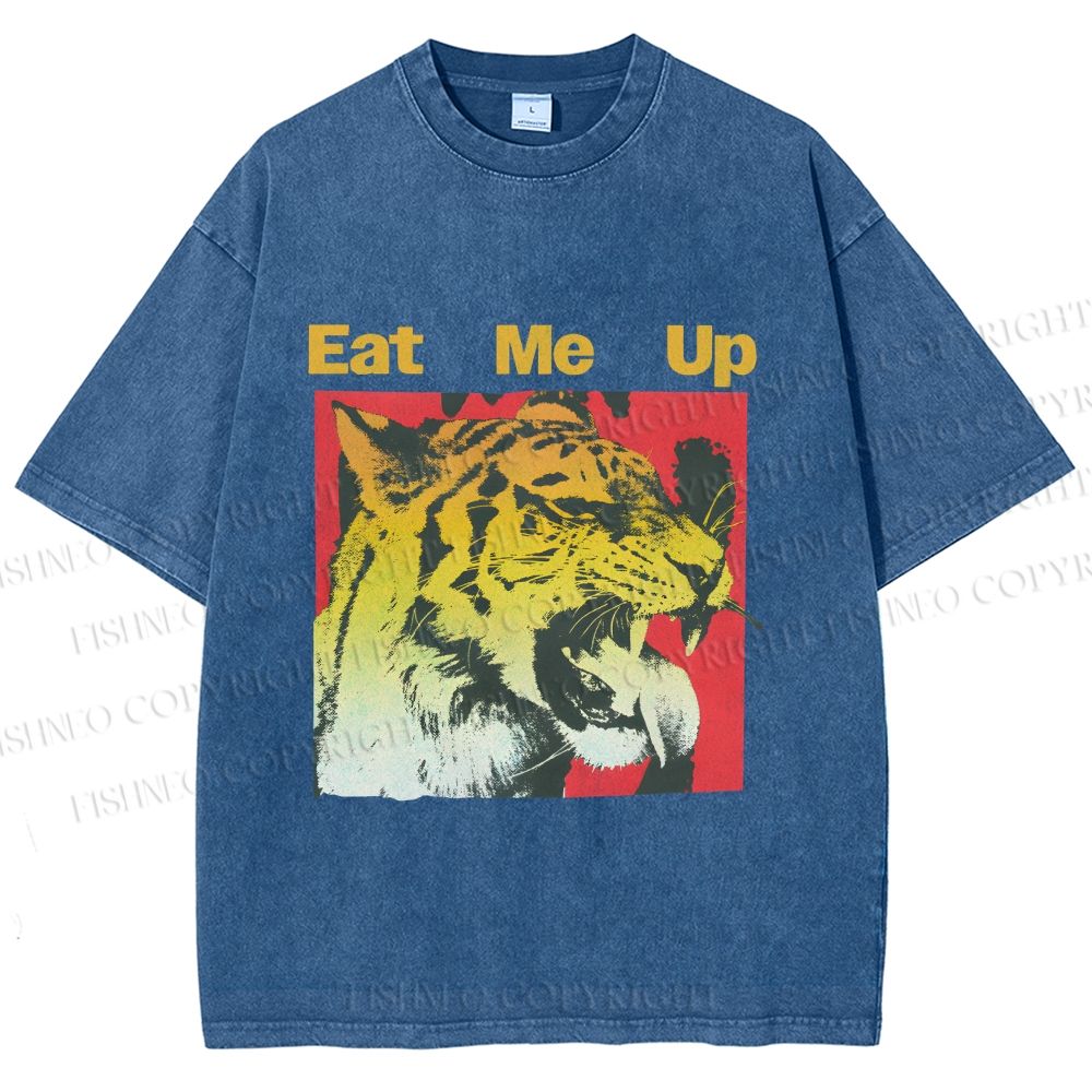 Unisex Eat Me Up Silly Tiger Printed Washed Tee