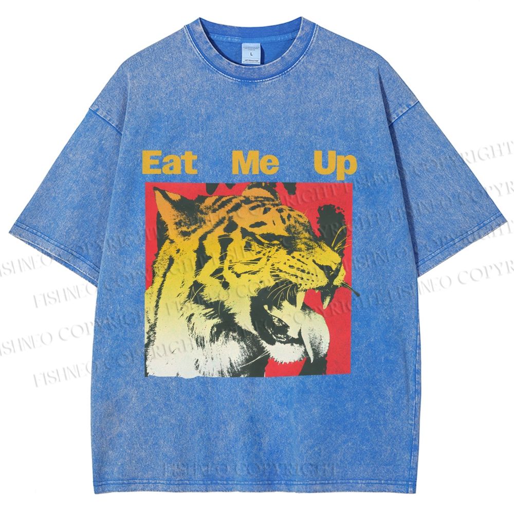 Unisex Eat Me Up Silly Tiger Printed Washed Tee