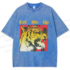 Unisex Eat Me Up Silly Tiger Printed Washed Tee