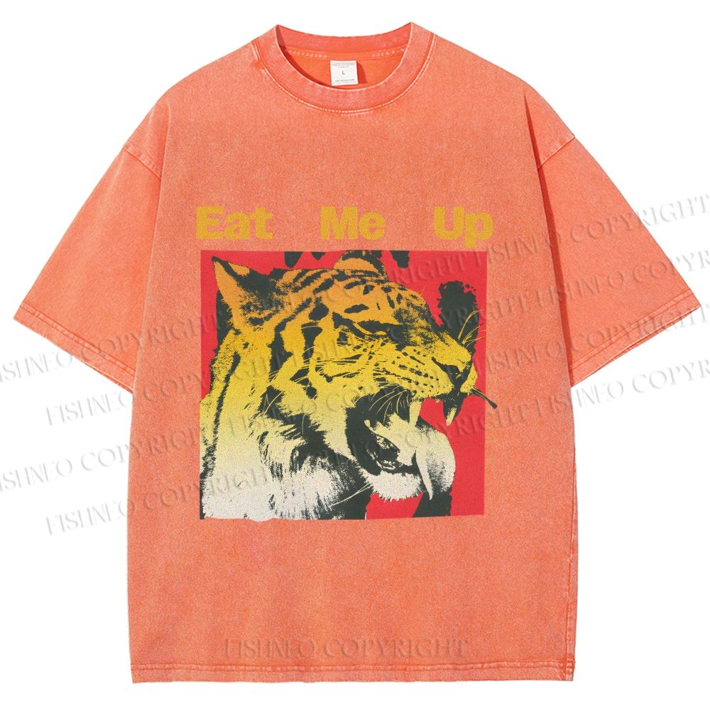 Unisex Eat Me Up Silly Tiger Printed Washed Tee