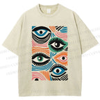 Unisex Geometric Abstract Eyes Printed Washed Tee