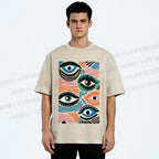 Unisex Geometric Abstract Eyes Printed Washed Tee