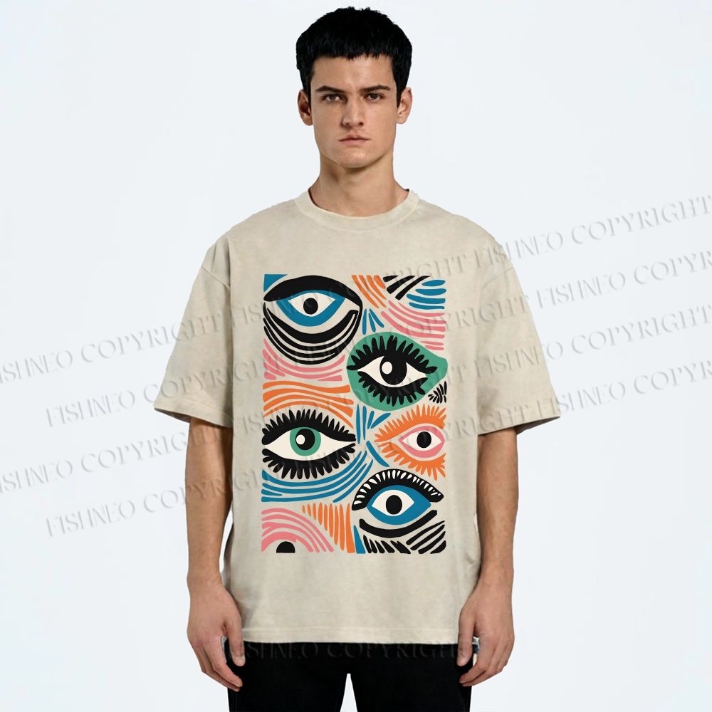Unisex Geometric Abstract Eyes Printed Washed Tee