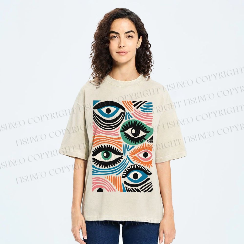 Unisex Geometric Abstract Eyes Printed Washed Tee