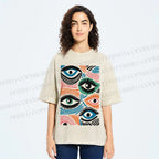 Unisex Geometric Abstract Eyes Printed Washed Tee