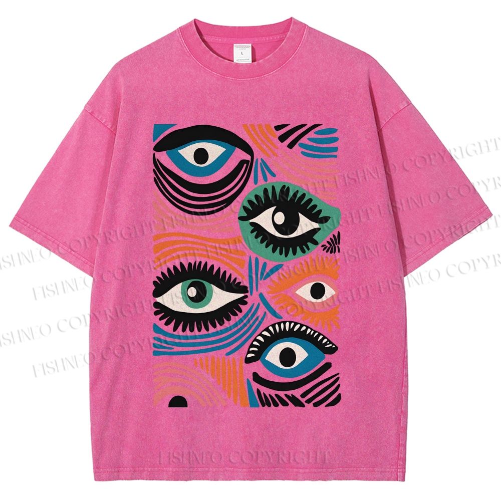 Unisex Geometric Abstract Eyes Printed Washed Tee