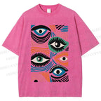 Unisex Geometric Abstract Eyes Printed Washed Tee