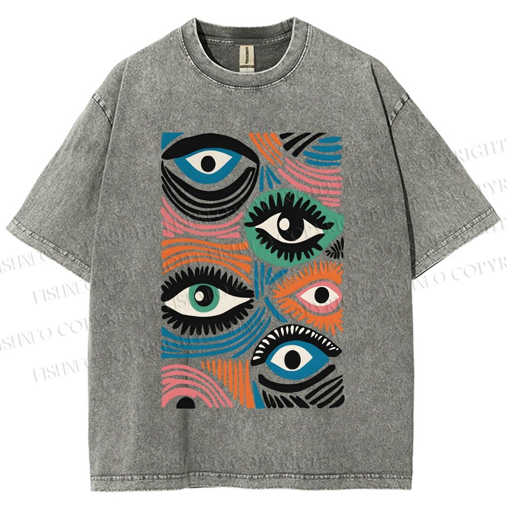 Unisex Geometric Abstract Eyes Printed Washed Tee