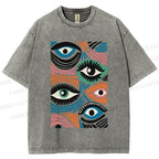 Unisex Geometric Abstract Eyes Printed Washed Tee