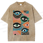 Unisex Geometric Abstract Eyes Printed Washed Tee