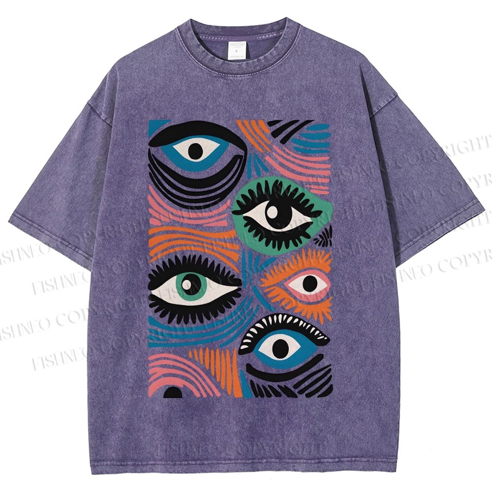 Unisex Geometric Abstract Eyes Printed Washed Tee