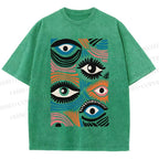 Unisex Geometric Abstract Eyes Printed Washed Tee