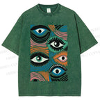 Unisex Geometric Abstract Eyes Printed Washed Tee