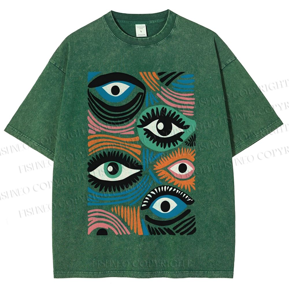 Unisex Geometric Abstract Eyes Printed Washed Tee