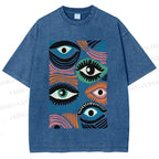 Unisex Geometric Abstract Eyes Printed Washed Tee