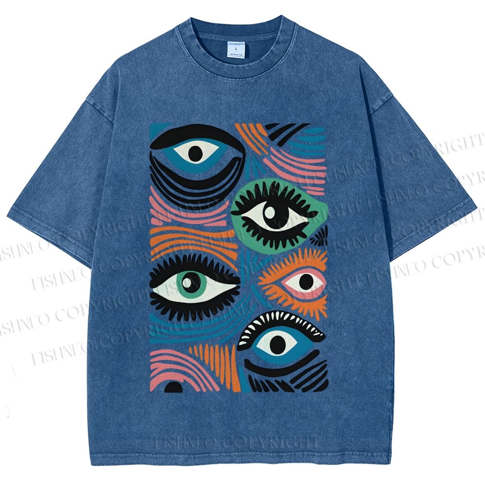 Unisex Geometric Abstract Eyes Printed Washed Tee