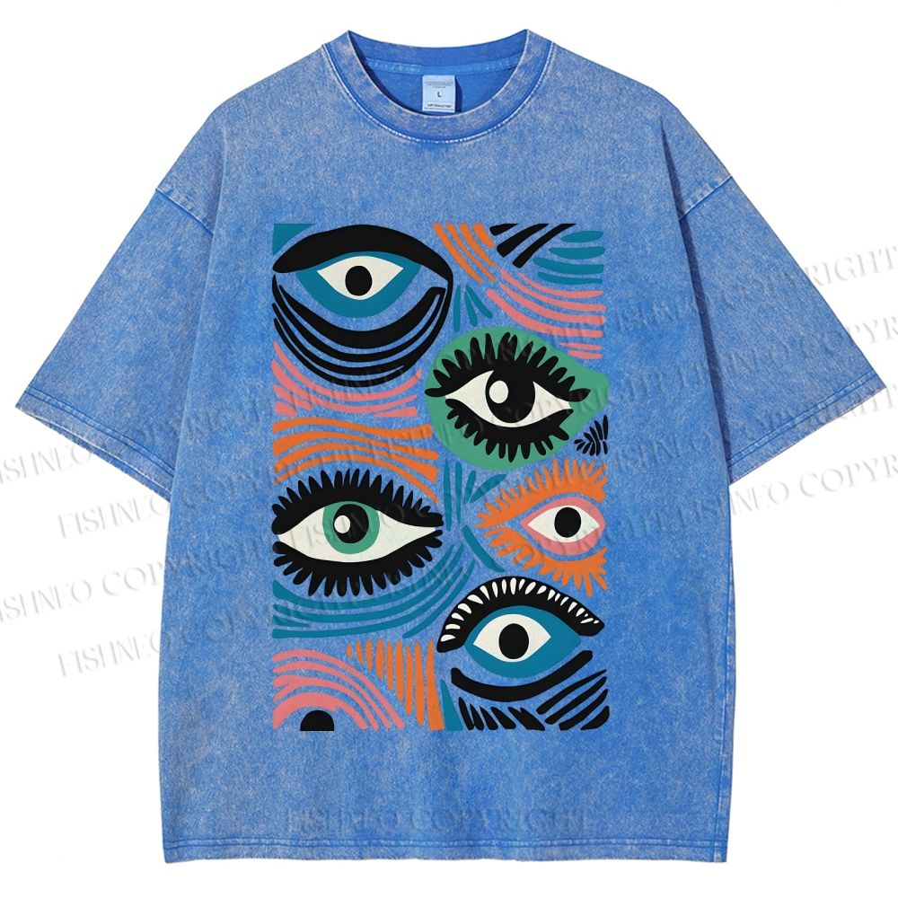 Unisex Geometric Abstract Eyes Printed Washed Tee