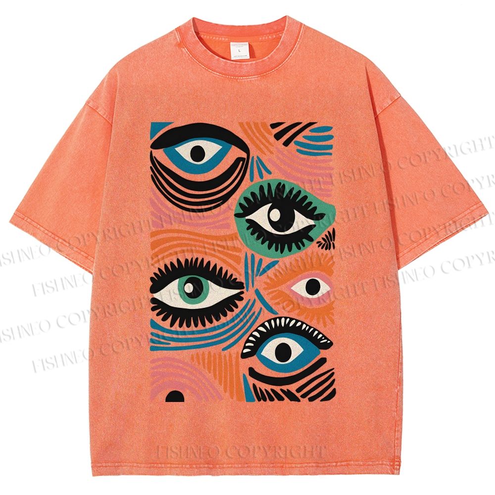Unisex Geometric Abstract Eyes Printed Washed Tee