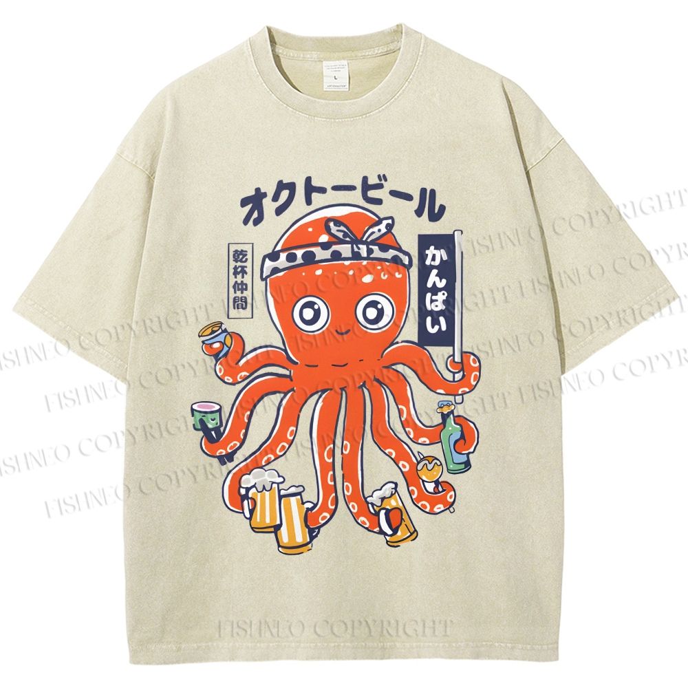Unisex Beer Octopus Printed Washed Tee