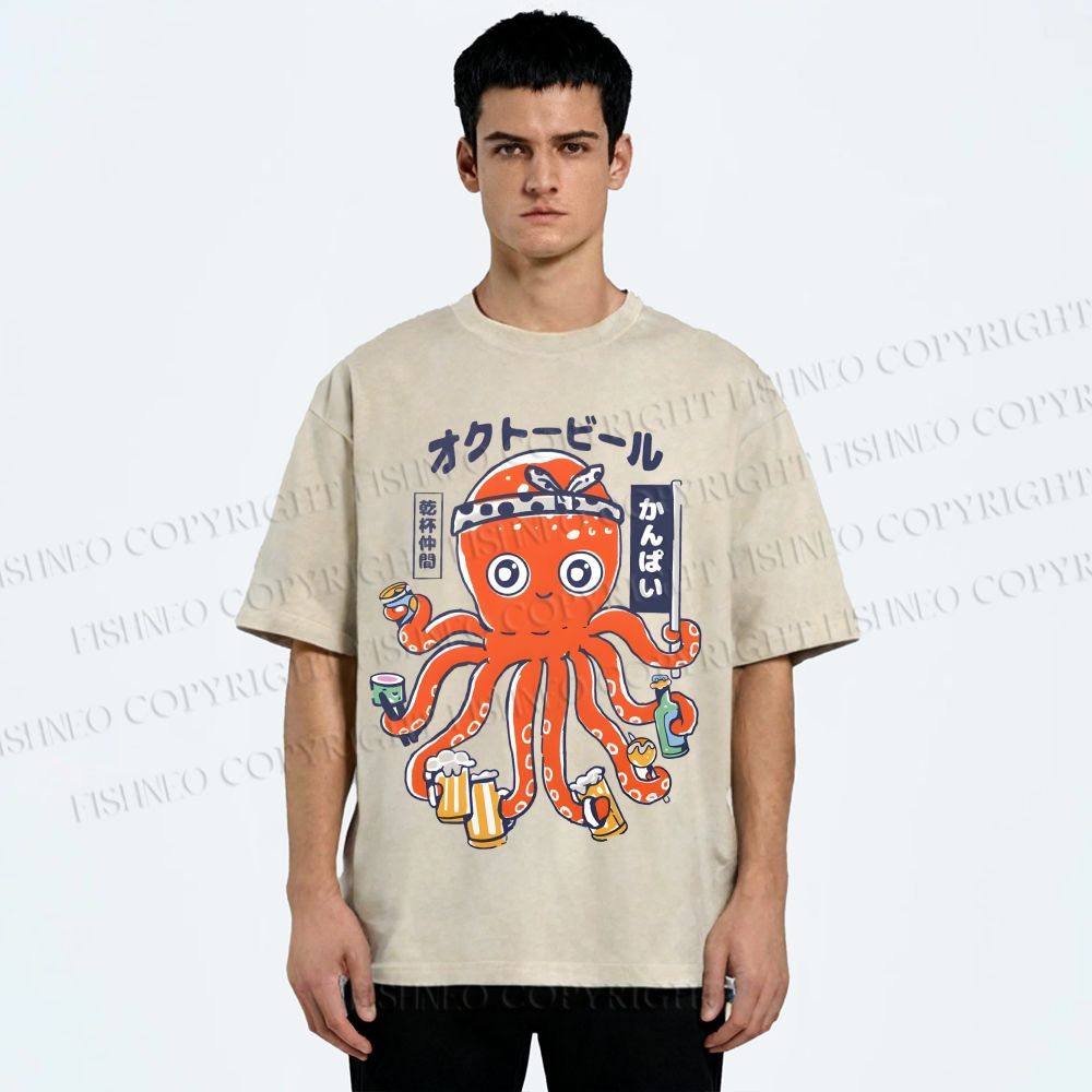Unisex Beer Octopus Printed Washed Tee