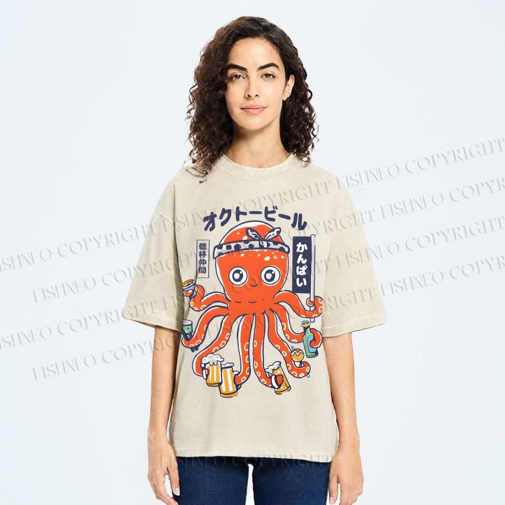 Unisex Beer Octopus Printed Washed Tee