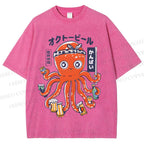 Unisex Beer Octopus Printed Washed Tee