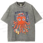 Unisex Beer Octopus Printed Washed Tee