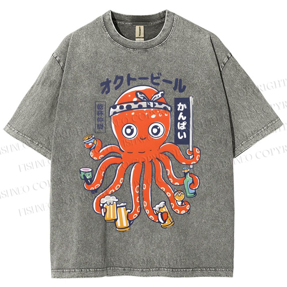 Unisex Beer Octopus Printed Washed Tee