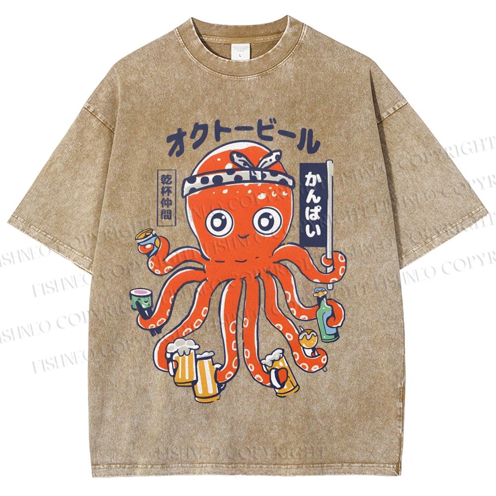 Unisex Beer Octopus Printed Washed Tee