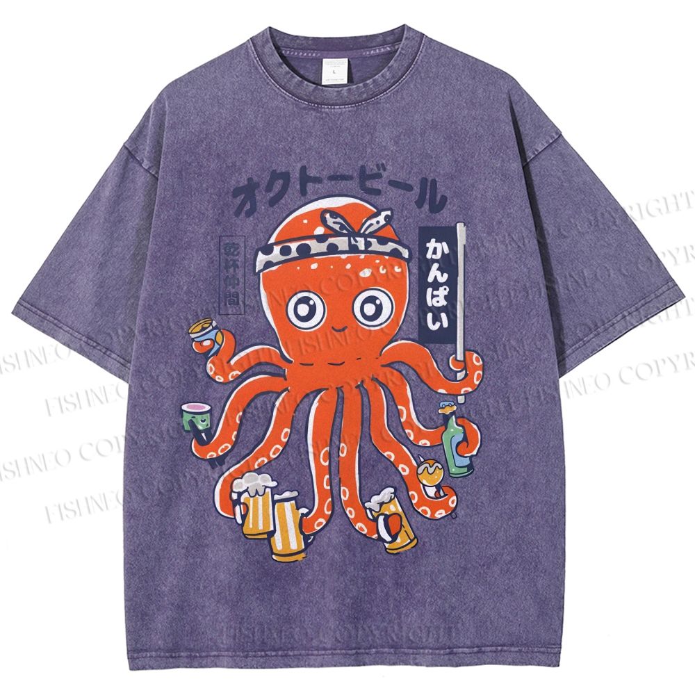 Unisex Beer Octopus Printed Washed Tee