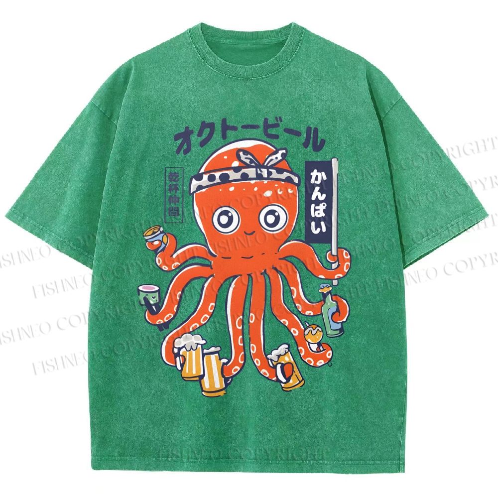 Unisex Beer Octopus Printed Washed Tee