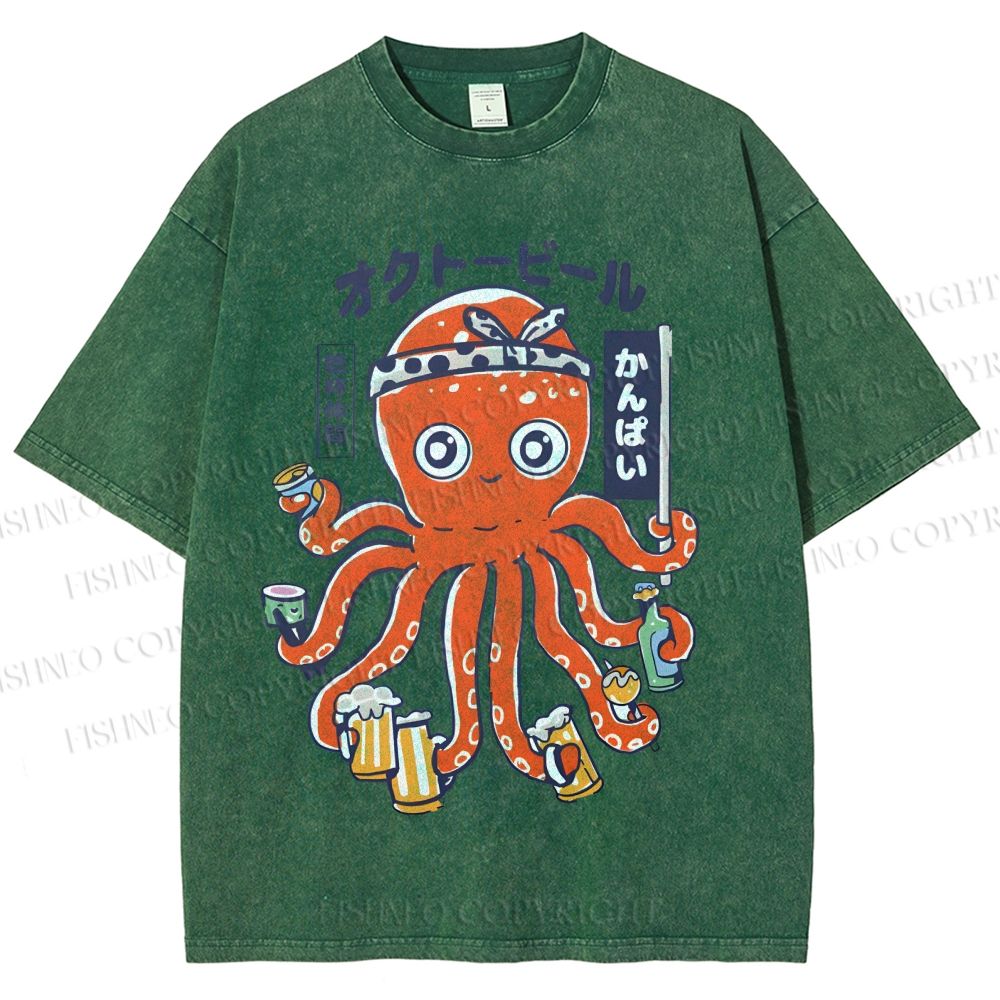 Unisex Beer Octopus Printed Washed Tee
