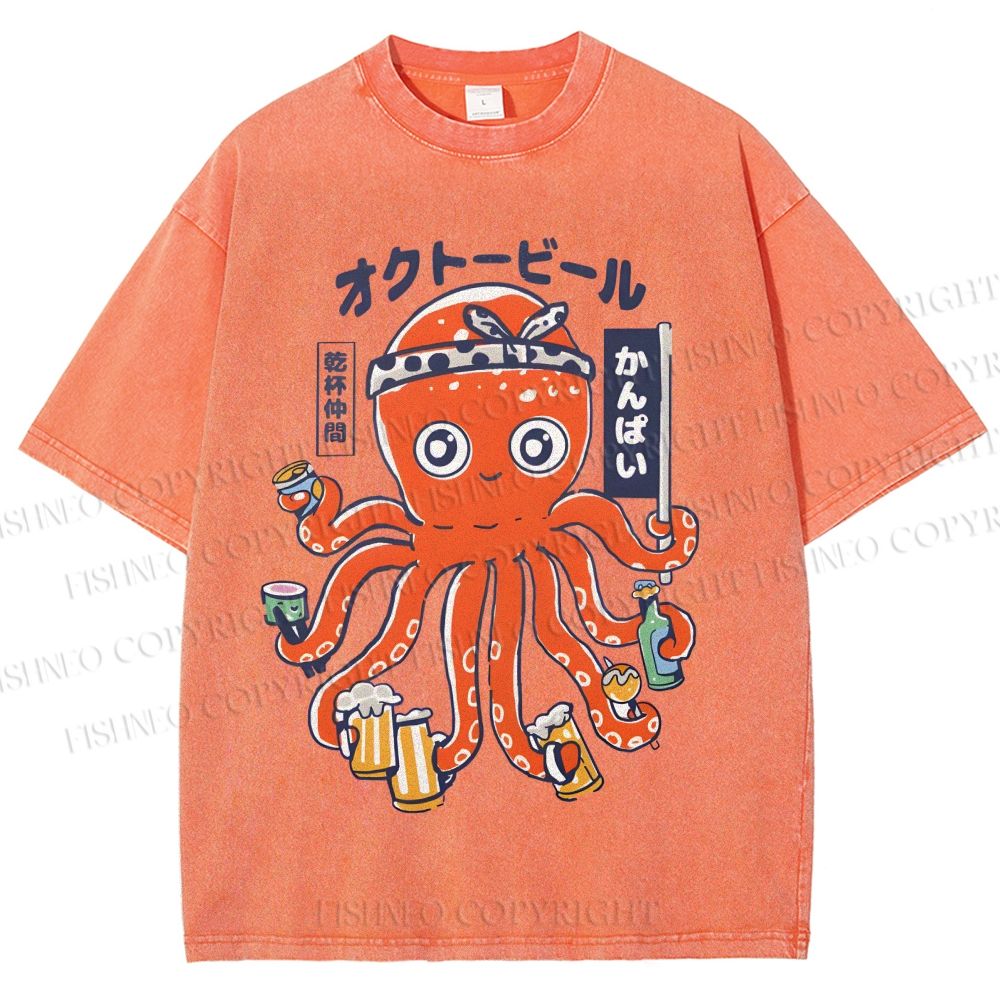 Unisex Beer Octopus Printed Washed Tee