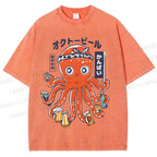Unisex Beer Octopus Printed Washed Tee