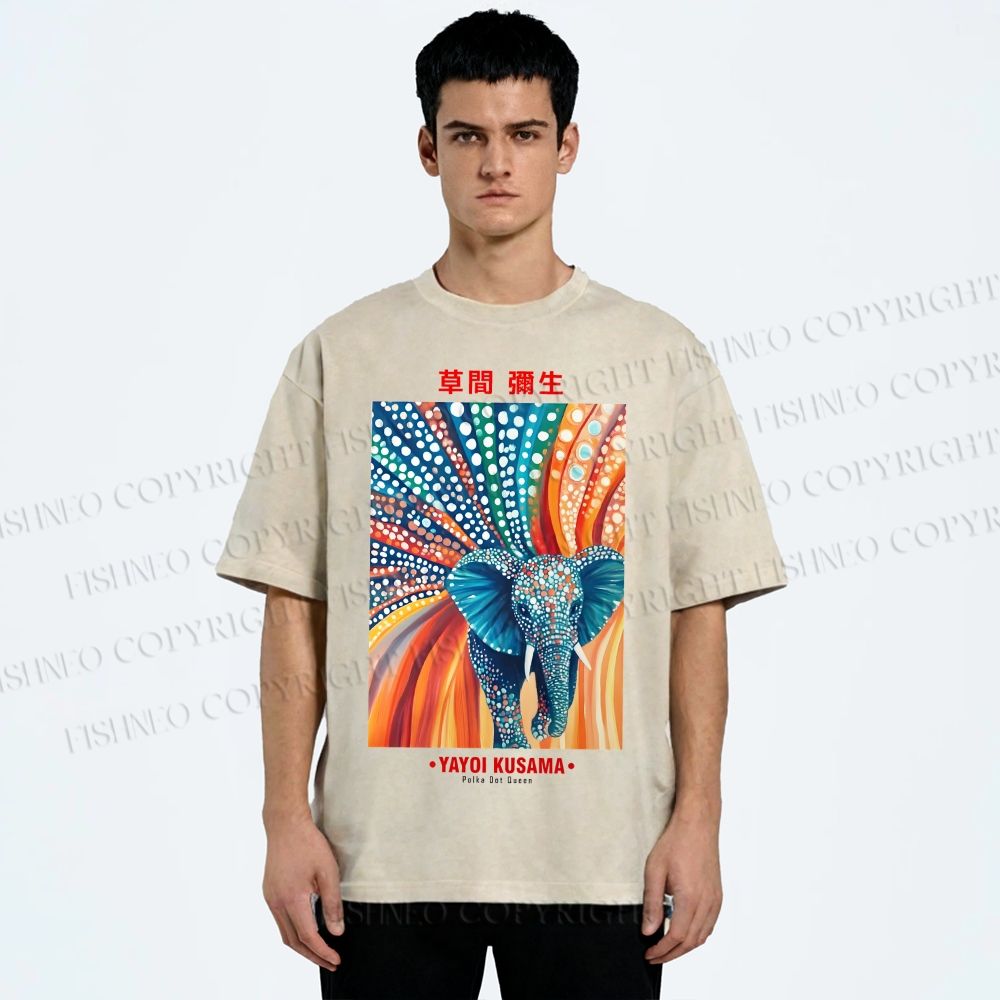 Unisex Yayoi Kusama Polka Dot Elephant Printed Washed Tee