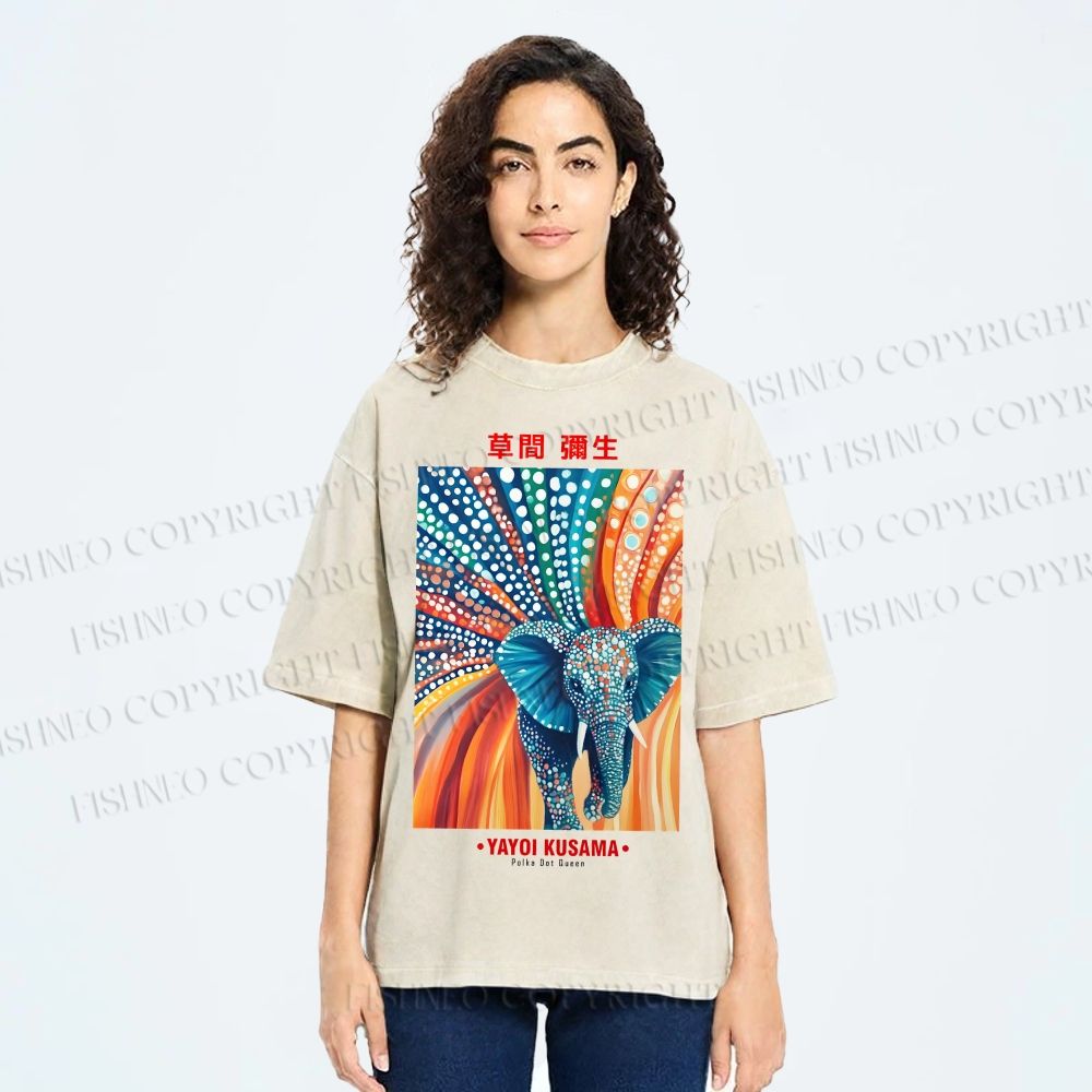 Unisex Yayoi Kusama Polka Dot Elephant Printed Washed Tee
