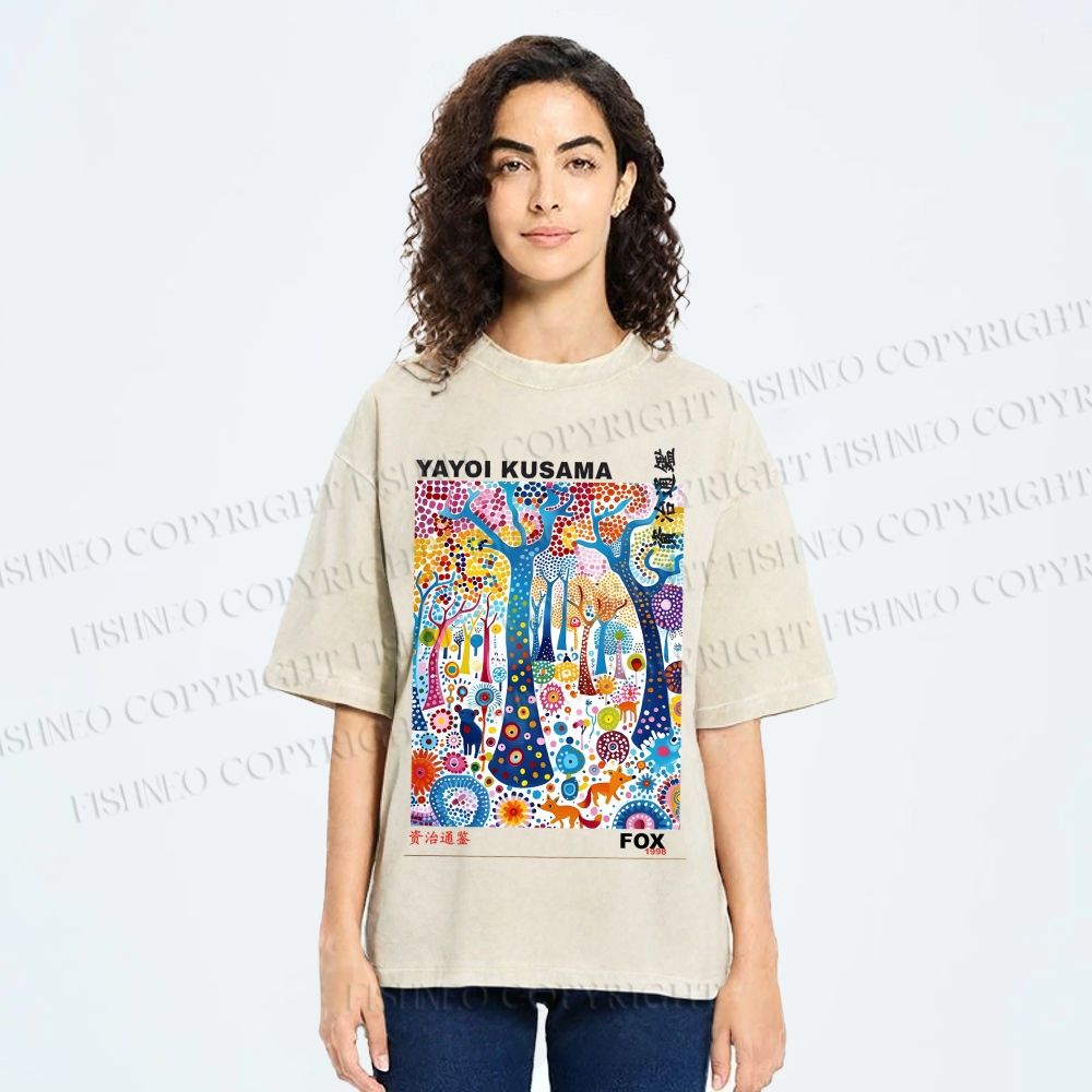 Unisex Yayoi Kusama Fox Printed Washed Tee