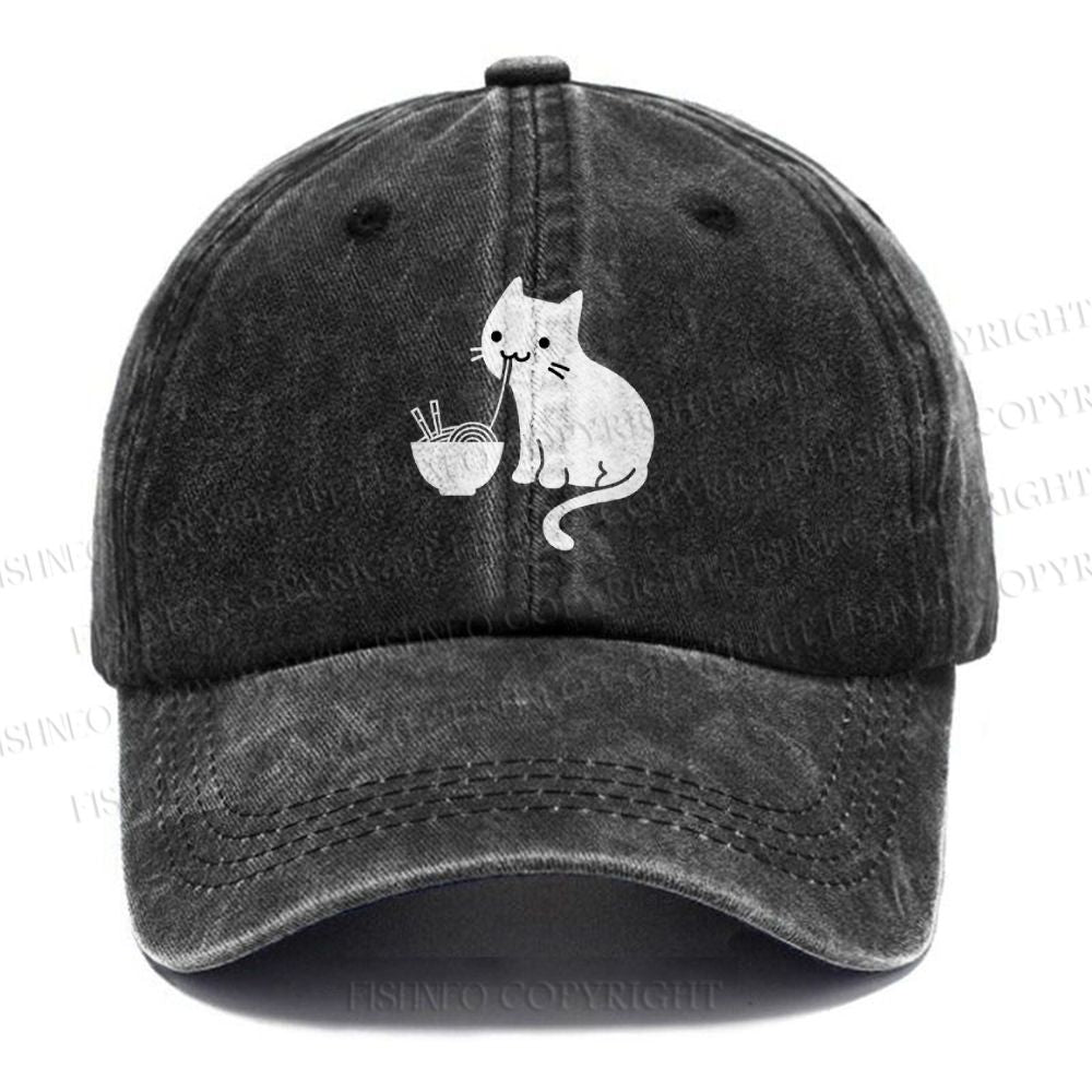 Unisex Eating Noodles Cat Vintage Casual Washed Cap