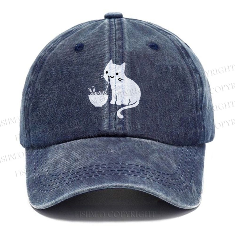 Unisex Eating Noodles Cat Vintage Casual Washed Cap