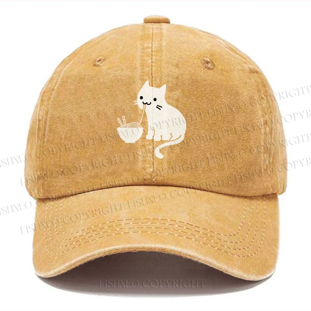 Unisex Eating Noodles Cat Vintage Casual Washed Cap