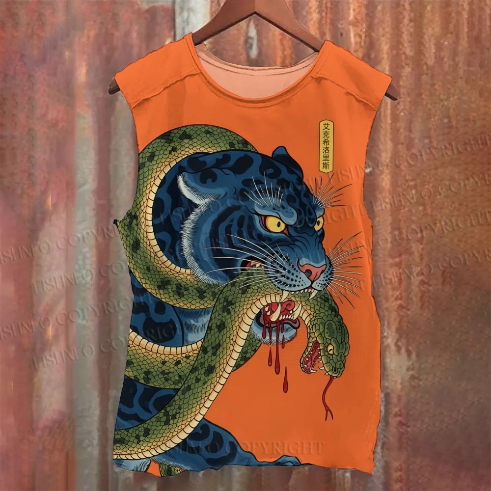 Unisex Casual Blue Tiger Got Snake Printed Tank Top