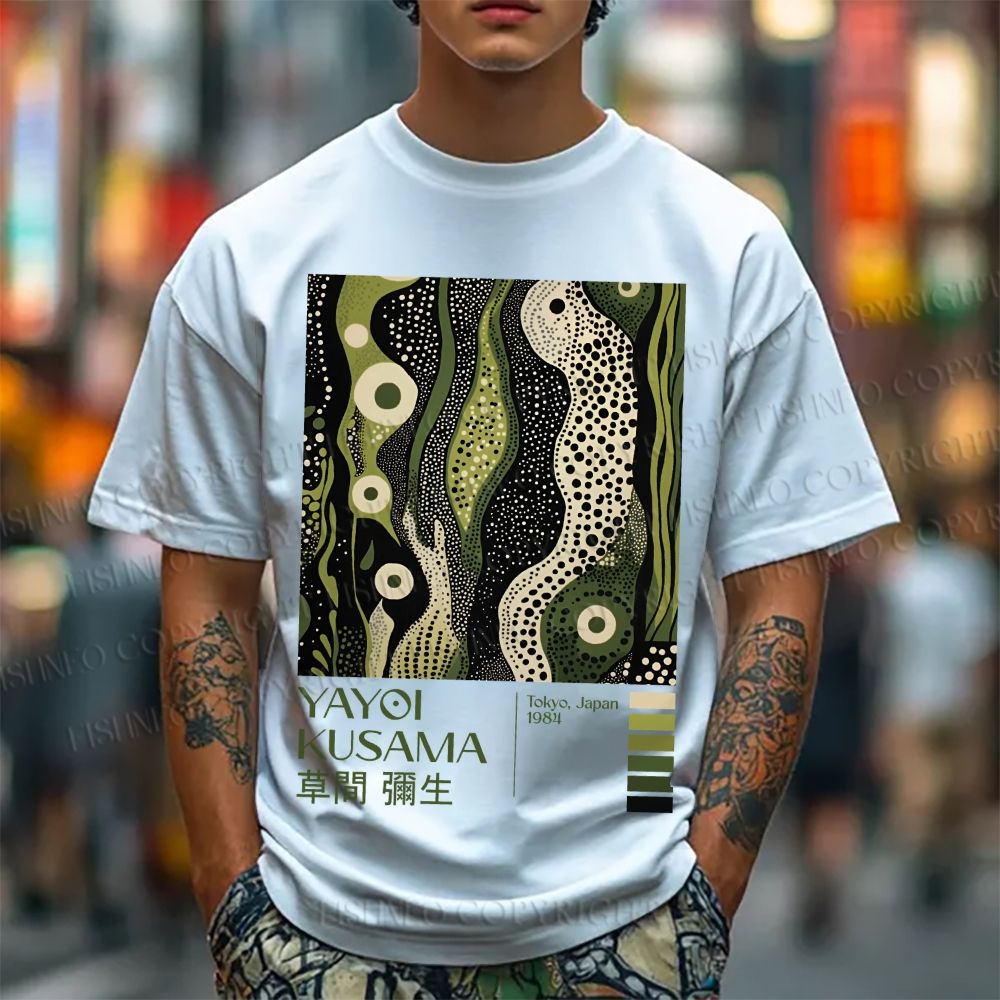Unisex Classic Cotton Yayoi Kusama Green Wood Printed T-shirt
