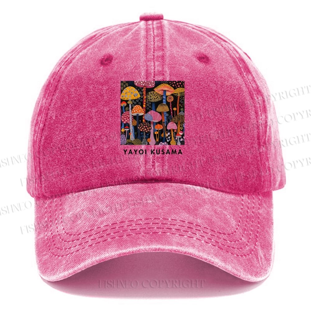Unisex Vintage Casual Yayoi Kusama Colorful Mushroom Printed Washed Cap