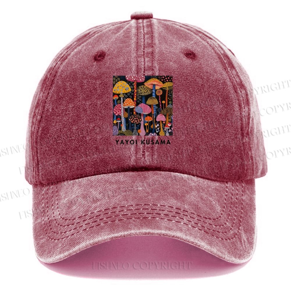 Unisex Vintage Casual Yayoi Kusama Colorful Mushroom Printed Washed Cap